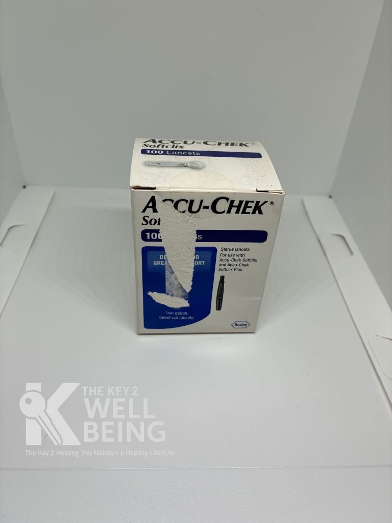 Accu-Chek Softclix lancet box with front label completely ripped off — example of damaged diabetic supply packaging not accepted for buyback